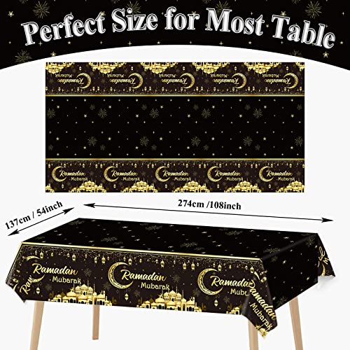 Image of 1PC Ramadan Mubarak Tablecloths Eid Mubarak Table Decorations Ramadan Kareem Party Supplies Black and Golden Rectangle Table Cover for Eid Al-fitr Party Favors
