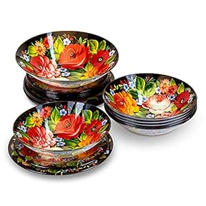 Tafelservies, serviesset van glas voor 6 personen, 19-delig, Ruslandmotieven, Chochloma-schilderpatroon, 6 x soepborden, 6 x dessertborden, 1 x slakom (Zhostovo)