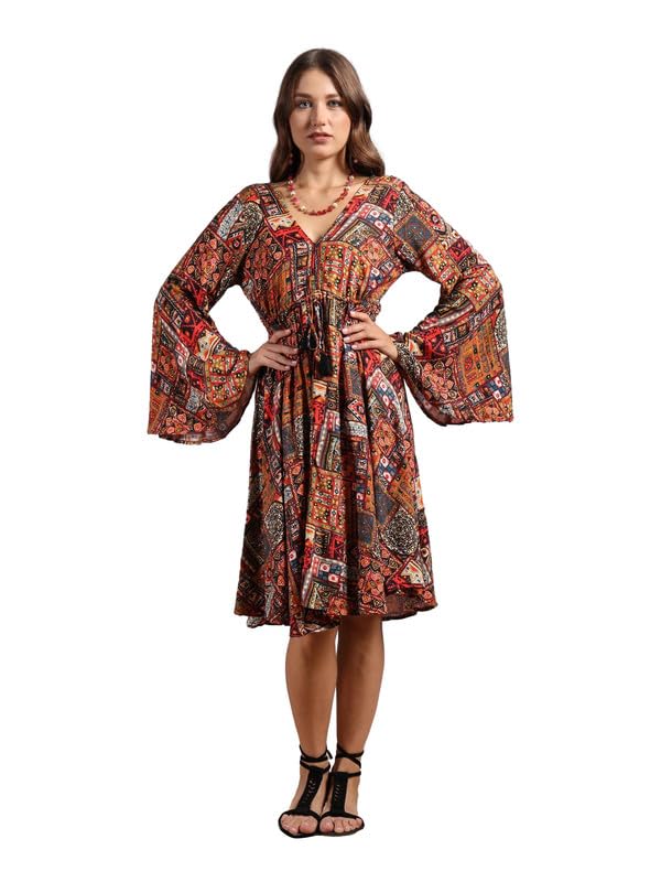 KE KanhaExportsKE KANHA EXPORTS Dress for Woman - Short Dress & Long Dress Latest Stylish Unique Border Design and Tassel Stretchable with Adjustable Drawstring fit and Flare Dress Beach wear