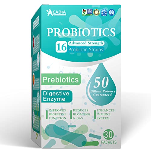 Acadia Probiotics for Women Men Soothe Abdominal Discomfort& Bloating Acidophilus Probiotic Promote Good Mood 50 Billion CFU 16 Strains Prebiotics and Probiotics Powder Stick 30 Bags