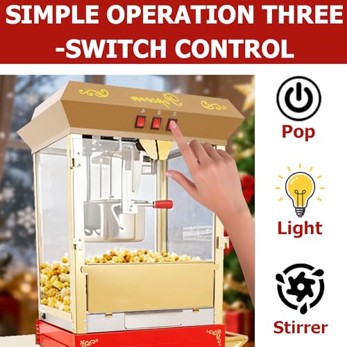 Image of Commercial Popcorn Machine with Cart -16OZ Kettle Popcorn Makers with Heating, 1000W 3-Switch Control & Tempered Glass Doors for Office, Restaurant, Carnival, Schools, Church, Christmas, Red