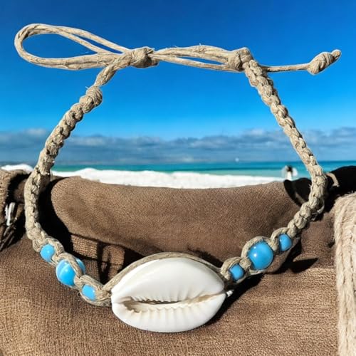 BlueRica Hemp Anklet with Blue Cat's Eye Beads & Cowrie Shell 5