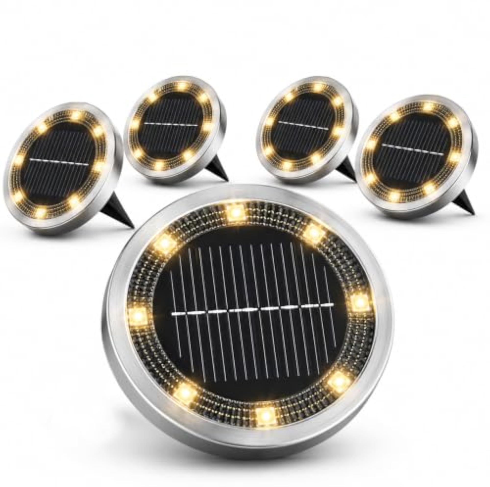 5 Pack Solar Ground Lights, Stainless Steel Outdoor Pathway Lights