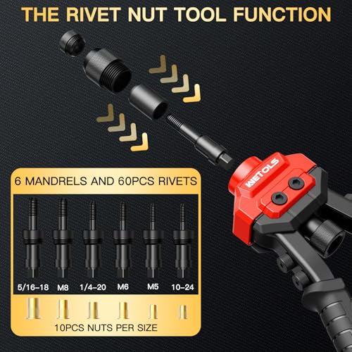 Image of WETOLS 3 in 1 Rivet Nut Tool, Rivet Gun, Reamer Set, Professional Rivet Gun Kit with 5 Rivet Heads and 6 Metric & SAE Mandrels, Hand Riveter Tool with 50 Rivets and 60 Rivet Nuts, Sturdy Case, WE-890