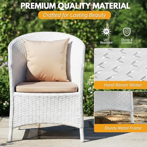 Image of DEVOKO 3 Piece White Rattan Outdoor Patio Bistro Set with Cream Cushion & Glass Top Table Ideal for Balcony, Garden, Deck, Lawn, Poolside