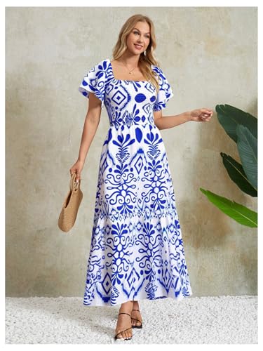 MakeMeChic Women's Floral Print Layered Short Sleeve Square Neck Ruffle High Waist A Line Summer Long Dress4