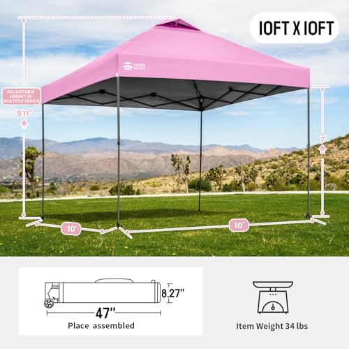 Image of CROWN SHADES Adjustable Height on The Fly, 10x10 Pop Up Canopy - Beach Tent with One Push Setup - Easy Outdoor Sun Shade for Events, Parties, Camping - Outside Shade with STO-N-Go Bag, Pink