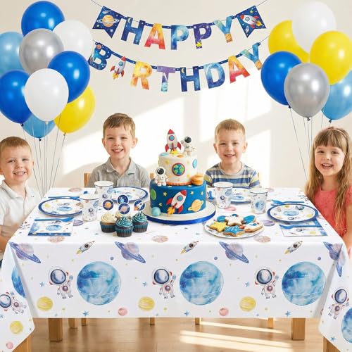 Image of NatNarr 3 Pack First Trip Around The Sun Space Tablecloths, 54 x 108 Inch | PE plastic, fits most 8-10 seat tables, wipe-clean or disposable, for 1st birthday, baby shower, space parties