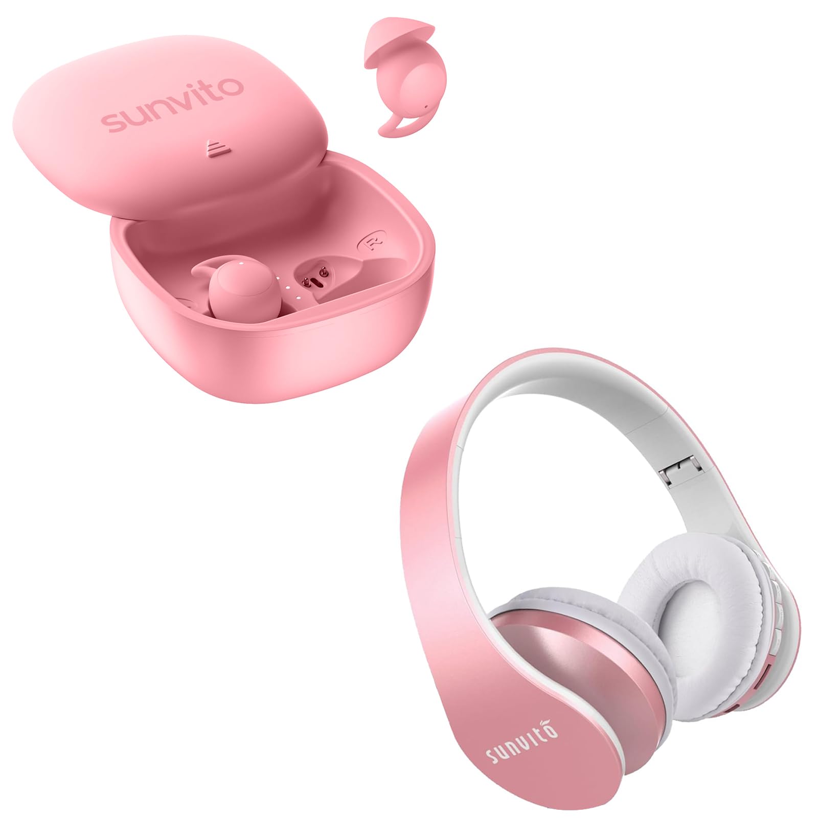 sunvito Wireless Bluetooth 5.0 Headphones, Foldable Earphones with Mic, MP3 Player, FM Radio, Wireless and Wired Headphones, Over Ear Headphones (Rose Gold)