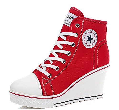 Padgene Women's Sneaker High-Heeled Fashion Canvas Shoes High Pump Lace UP Wedges Side