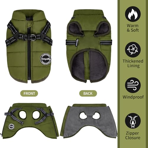 Aimydog Hundemantel Winter, Wärme Hundejacke Mit Brustgurt Gurt Winddichte mit bauchschutz, Haustier Outdoor Reflektierend Hundeweste mit Fleece Gefütterte für Kleine (Grün, S)