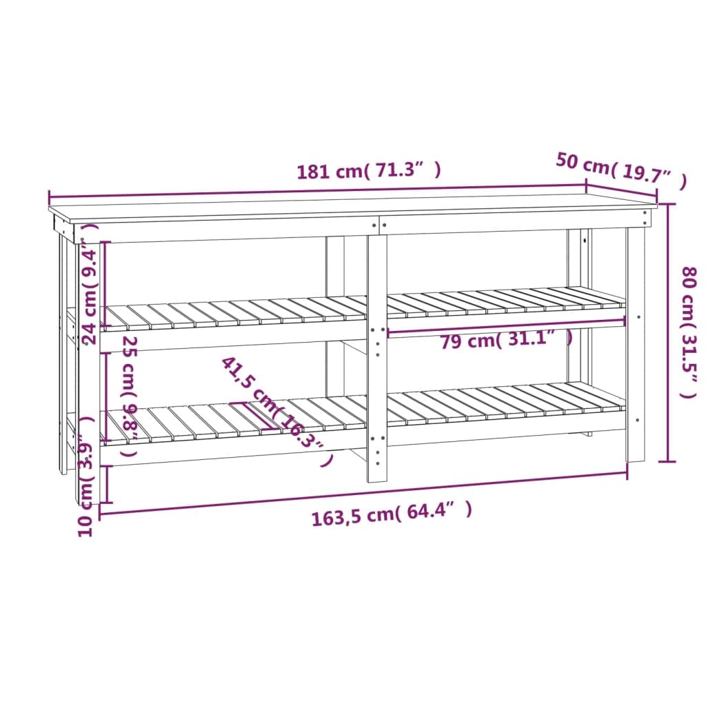 Banco da lavoro bianco in legno di pino massiccio, 181 x 50 x 80 cm, con molto spazio e ripiano, tavolo da lavoro stabile per officina, garage, cantina, tavolo per hobby e bricolage