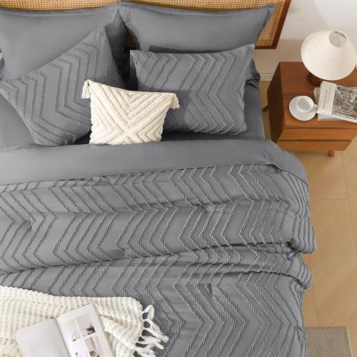 Image of Litanika Queen Size Comforter Set with Sheets Medium Gray - 7 Pieces Bed in a Bag Queen Chevron Tufted Complete Bedding Sets with Comforter, Sheets, Pillowcases & Shams