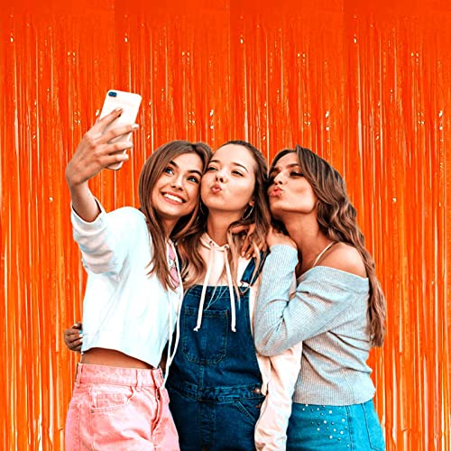 Image of 4 Pack Macaron Orange Foil Fringe Curtain Backdrop, 3.28Ft x 8.2Ft Metallic Tinsel Streamer Curtains, Birthday, Wedding, New Year's, Christmas Decorations Party Supplies, One Size