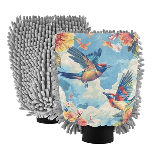 IOACIY Absorbent Microfiber Car Wash Drying Mitts, 2 Pack, Scratch-Free & Lint-Free, Rich Foam, Highly Absorbent, Double Sided, Wash Mitt Perfect for Car Washing, L, Bird (9)