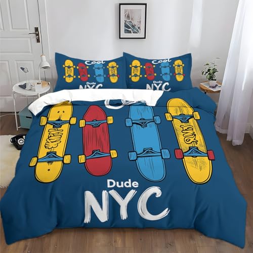 XCQHZYQ Funda Nordica Poliéster Algodón para Cama 105/135 Monopatín De Dibujos Animados Azul 3 Piezas Juvenil Juego de Funda Nordica 200x200 cm Suave Transpirable y 2 Fundas de Almohada de 50x75 cm