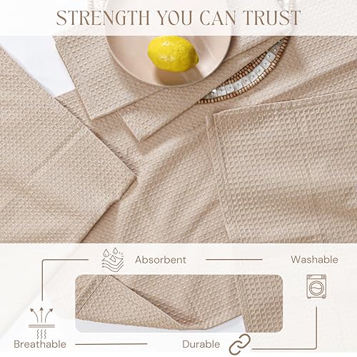 Image of Beige Kitchen Dish Towels Set of 4-100% Cotton Waffle Weave, Super Absorbent, Soft, Quick Drying, 16x26 Inches, Ideal for Cleaning, Bar, Tea, and Everyday Use, Tan
