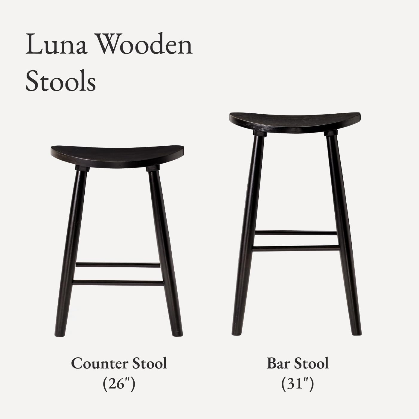 Maven Lane Luna Bar Stool Set of 2 – 31 Inch Round Stools with Footrest – Black Solid Wood – Space-Saving Design for Breakfast Bars & Tall Counters, Ideal for Apartments, Dorms & Compact Living