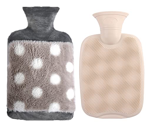 Bouillotte, opamoo Bouteille d'eau Chaude avec Housse 2L Bouillotte eau Chaude Bouillotte Housse de luxe en fausse fourrure et pompons (Gris clair 2000ML) Cover