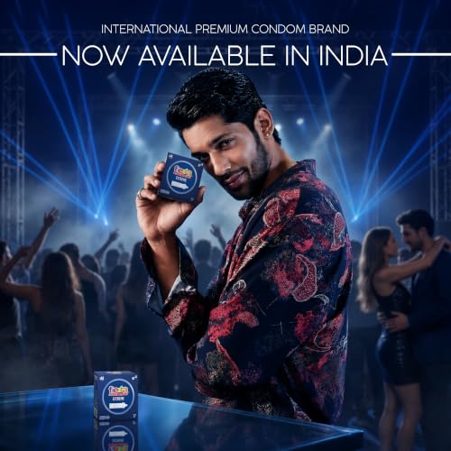 Image of Fiesta Extreme Condoms for Men (9 Pcs) | Pack of 3 x 3 each | 5in1 Features - Ribbed, Dotted, Flared, Contoured & Transparent for Natural Sensation | Lubricated Condoms | Blue Berry Flavour Condom
