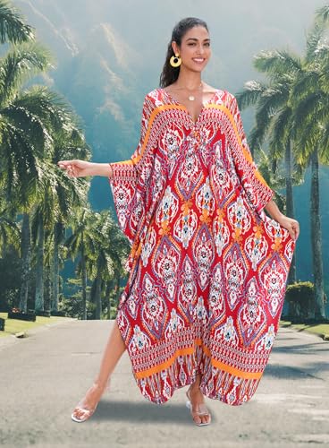 Image of Yanziliu Kaftan Dress for Women,Plus Size Hawaiian Batwing Sleeve Beach Cover Up Summer Swimsuit Dresses