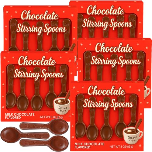 Milk Chocolate Candy Spoon Gourmet Edible Stirring Stick, 25 Count, Melt in Cup of Hot Chocolate Coffee Tea, Cocoa Bar Supply Holiday Gift Christmas Stocking Stuffer Treat, 5 Pack Tray