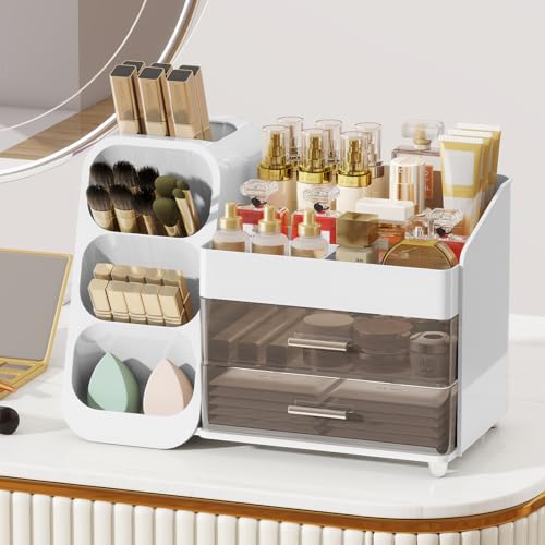 Makeup Organizer with Drawers for Vanity, Make Up Storage Kit, Spacious Cosmetic Display Case, Perfect Storage Solution for Beauty Essentials (White)