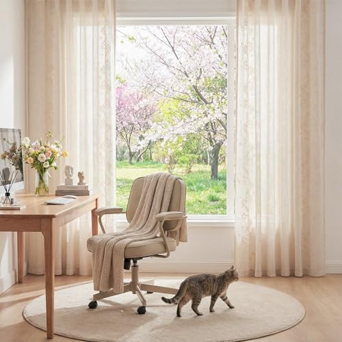 Image of jinchan Floral Linen Curtains, Back Tab 50x96 Inch, 2 Panels Ivory