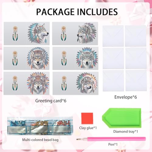 Image of 6 Pack 5D Diamond Art Greeting Cards Kit with Envelopes, Wolf with Native American Headdress Design, DIY Special Shape Diamond Painting Greeting Card for Adults, Handmade Card Craft Gift Set