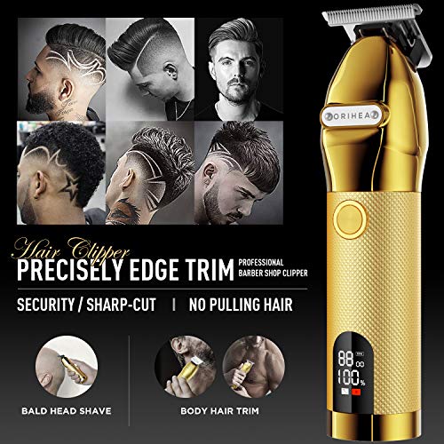 Mens Hair Clippers, All IN 1 Cordless Outlining Trimmer Hair Cuttings Kit, Barber trimmer For Men, LCD Display Zero Gapped Detail Barber Beard Trimmer, Gold