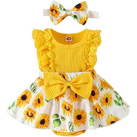 Mubineo Baby Girl Summer Clothes Outfits Sleeveless Lace Floral Romper Dress Newborn Outfit (Yellow Sunflower, 0-3 Months) Cover