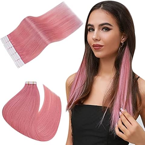 Easyouth Remy Tape in Hair Extensions Real Human Hair Pink Glue on Extensions Remy Hair Coloured Tape in Extensions Pink 18 Inch 25g 10Pcs Cover