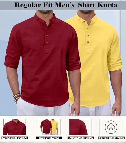 Image of Zombom Combo of Men's Casual Solid Cotton Polyester Blend Full Sleeve Straight Kurta Shirt (Pack of 2)