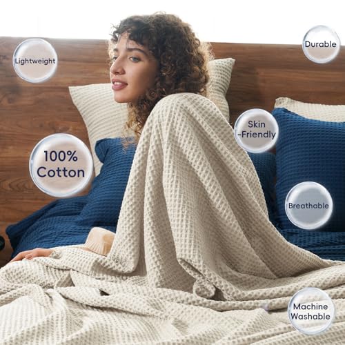 Image of PHF 100% Cotton Waffle Throw Blanket Lightweight Breathable, Linen /Stone | Pre-washed Soft Cozy Summer Throw for Hot Sleepers, Textured Decorative Layer for Bed Couch Sofa Guest Room, Giftable