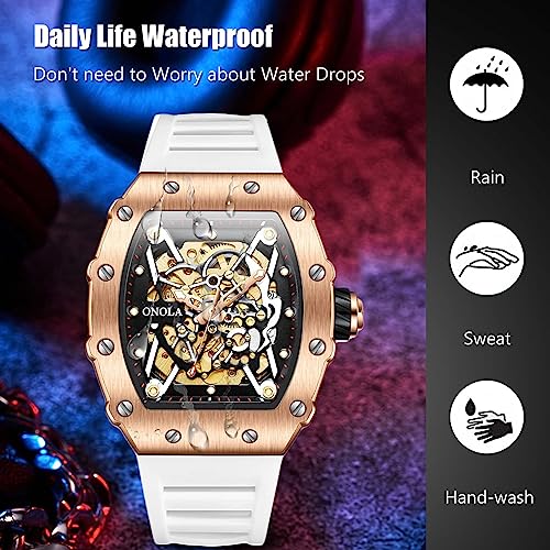 rorios Polshorloges voor heren, modieus, vierkant horloge voor mannen, draagbaar horloge, mechanisch skelethorloge, waterdicht, oplichtend, horloge met siliconen armband - Afbeelding 5