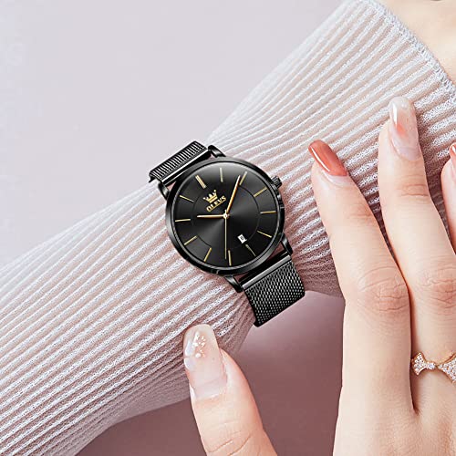 OLEVS Ladies Watch Black Faced Stainless Steel Mesh Strap Ultra Thin Waterproof Japanese Quartz Dress Date Women Wrist Watch - Image 6