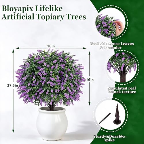 Bloyapix 27.5" Artificial Lavender Boxwood Topiary Ball Trees, Set of 2 Fake Shrubs Bushes with Ground Spike, UV Resistant Faux Evergreen Tree for Front Porch Outdoor Garden Decor - image 3