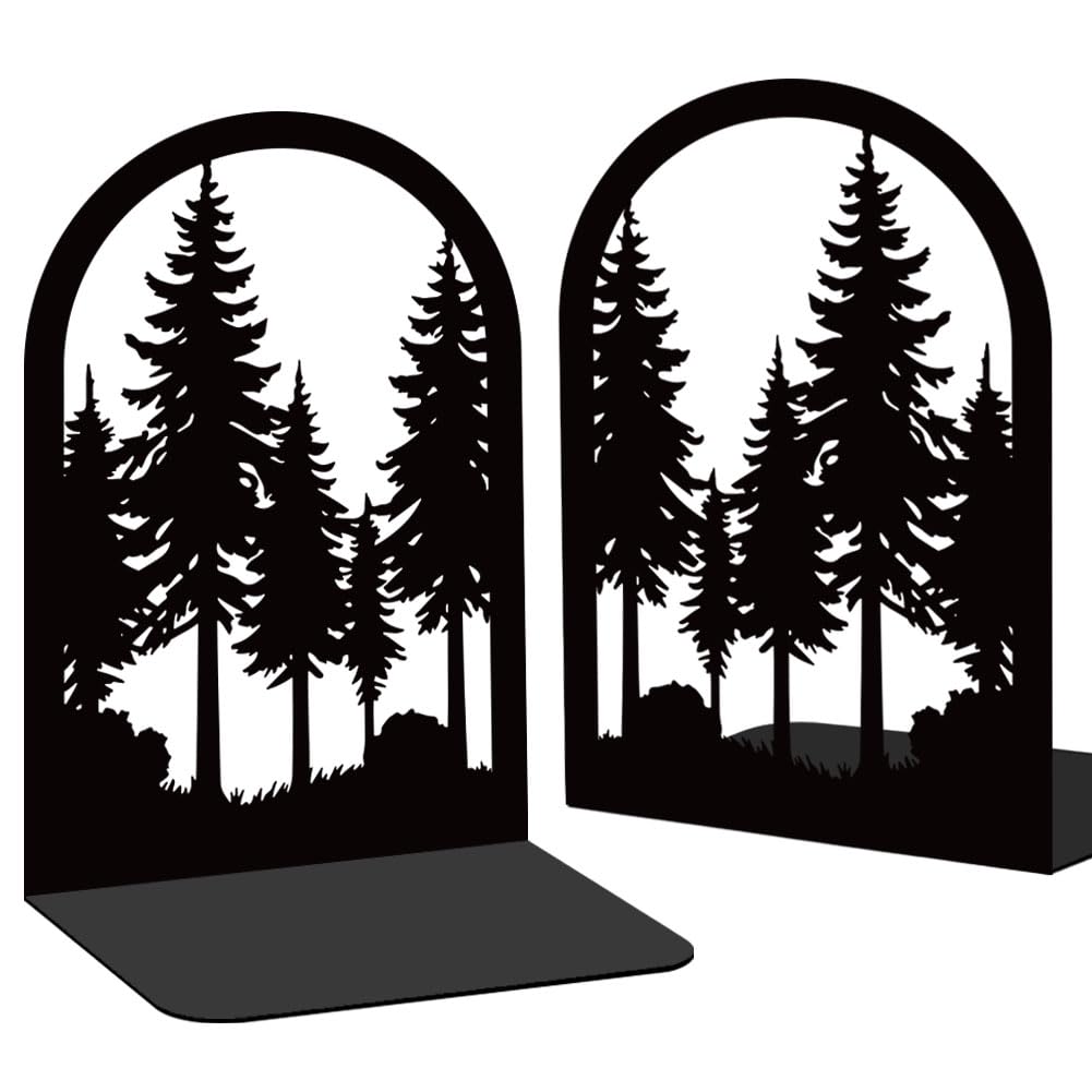 BEUNITONE Forest Landscape Metal Bookends, Heavy Duty 2-Pack Book Holder for Wooden Shelves, Rust-Resistant Office Desk Accessories with Tree Motif