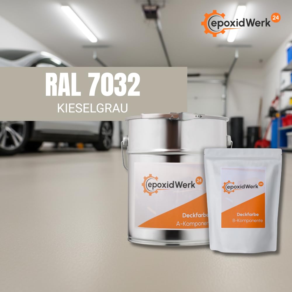 2K Epoxidharz Bodenbeschichtung RAL 7032 - Kieselgrau - Garage, Werkstatt, Keller, Industrie Langlebig - 5 kg Set mit Harz und härter für böden, betongarage, bodenfarbe, einfache anwendung