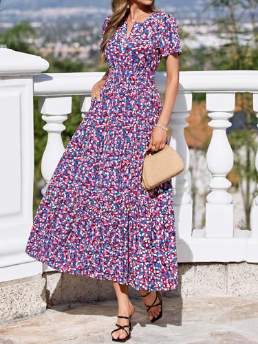 Image of BTFBM Womens Summer Floral Maxi Dresses V Neck Short Sleeve Boho Casual Flowy Long Wedding Guest Dress Beach Vacation
