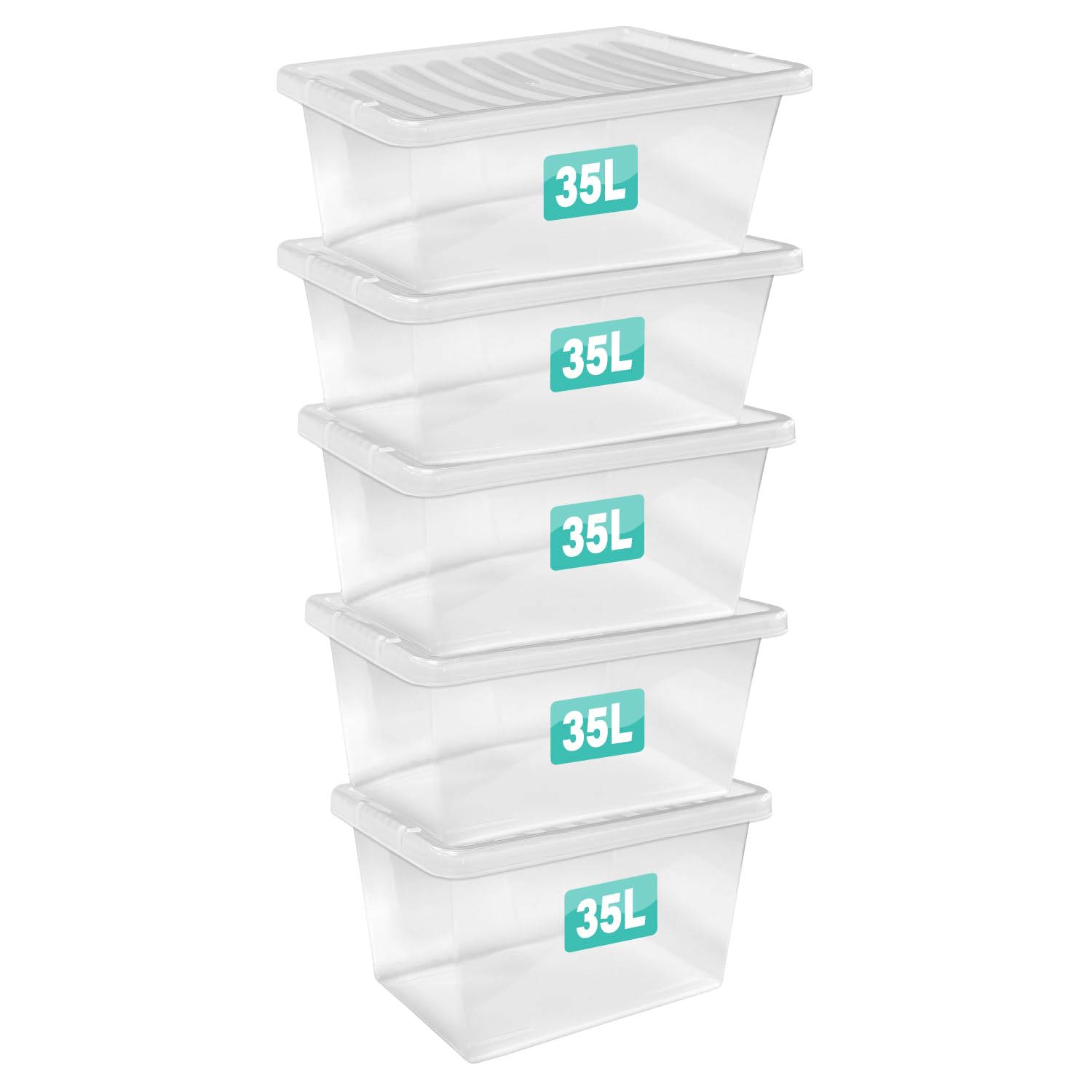 Optimal Products 5 x 35 Litre Clear Plastic Storage Box With Lids UK BRITISH MADE Home Office Stackable Transparent Plastic Boxes, Size 5,11,24,28,35,45,62 Litre