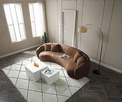 Image of KEIKI 103 inch Boucle Half Moon Curved Sectional Sofa with 4 Throw Pillows, Modern 5-Seater Teddy Fleece Leisure Couch with Curved Backrest, Easy Assembly, for Living Room, Bedroom, Brown