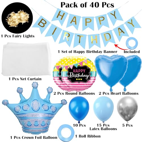 Image of Rozi Decoration Latex,Foil,Cardstock Prince Theme Birthday Decoration Items With Light Backdrop Set Of 40 Pcs Crown Theme Birthday Decorations|Prince 1St Birthday Decoration For Boys,Multicolor