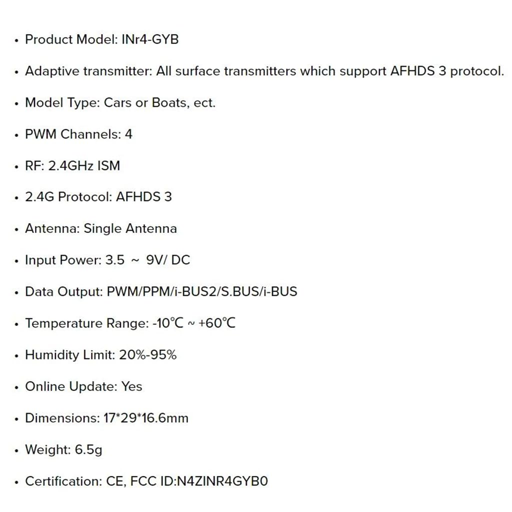 FS INr4-GYB - Mini receptor de 4 canales de 2.4 GHz, función de giroscopio incorporada, PWM/PPM/i-Bus/S.Bus/i-bus2 compatible con AFHDS3 Flysky NB4 Noble Lite Noble Pro RC Car Boat Transmitter Remote