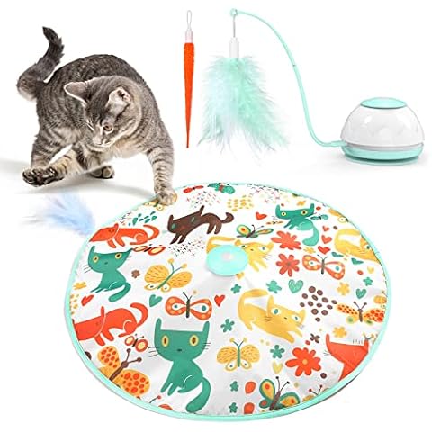 Pawaboo 2 in 1 Electric Cat Toys, USB Rechargeable Automatic Cat Exercise Teaser Toy with 3pcs Replacement, Indoor Interactive Cat Toy, Pop and Play Feather Teaser Wand Toy for Cat Kitten Kitty, Green Cover
