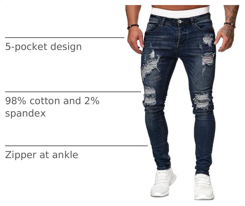 Image of HUNGSON Men's Blue Slim Fit Jeans Stretch Destroyed Ripped Skinny Jeans Side Striped Denim Pants