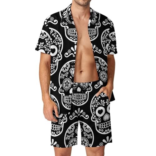 Chemise Hawaïenne Hommes Ensemble Crâne Noir Anti-Transpiration Été S