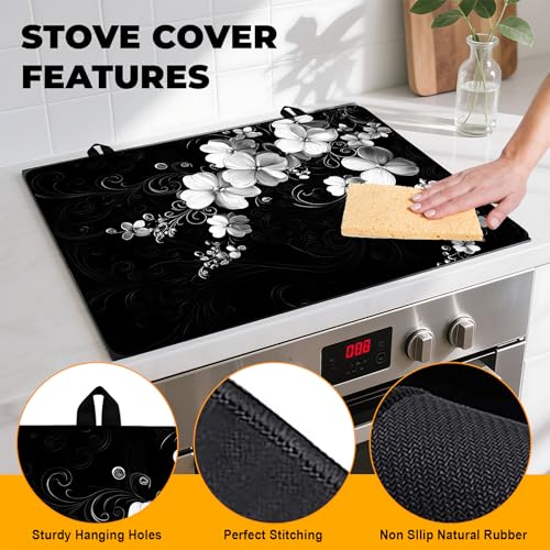 Image of Stove Top Cover Retro Flower Gas Stove Top Cover for Home Decoration Kitchen Pad Non-Stick Washable Cooktop Covers Countertop Protector Keep Stove Clean 28 inchx20 inch (White flower-2)