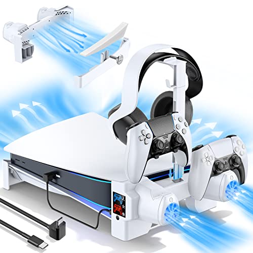 Support Horizontal PS5 avec Ventilateurs de Refroidissement à 3 Niveaux pour Console Playstation 5, Accessoires PS5 avec Chargeur de Manette PS5, Station de Refroidissement PS5 avec Support de Casque