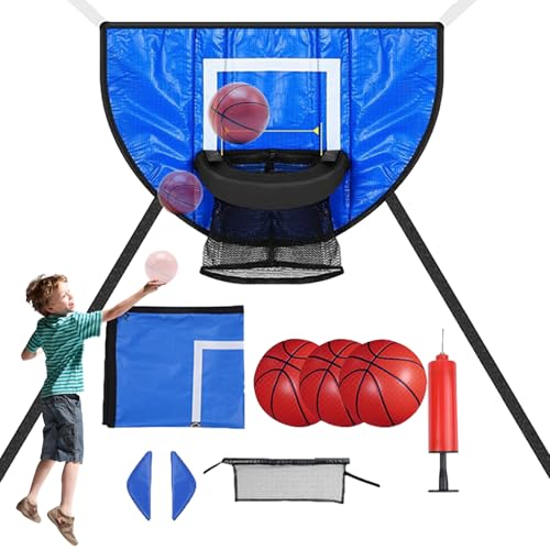 Canasta de baloncesto para cama elástica - canasta de baloncesto impermeable, incluye 3 bolas de baloncesto impermeable para cama elástica, para niños, adultos, adolescentes, familia, interior